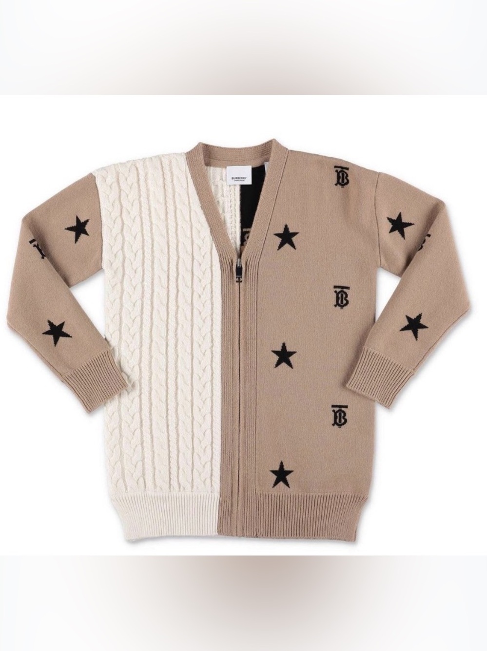 Burberry Two-Tone Cable Knit Zip Cardigan in Cream & Tan w/ Black Stars size 10